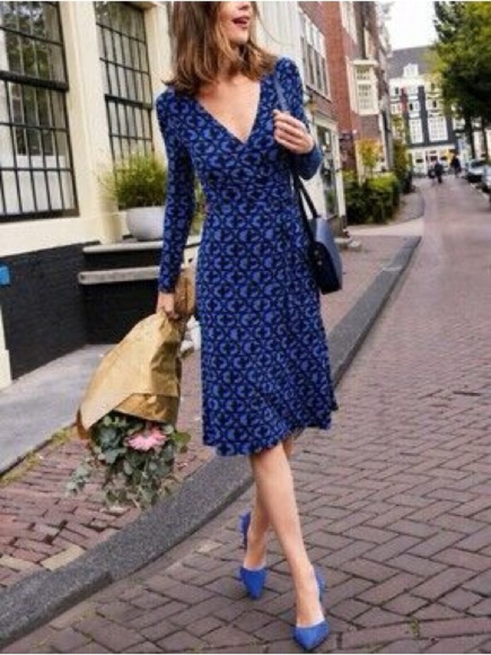 Boden Wrap Jersey Blue Patterned Long-Sleeve V-Neck Dress Geometric Circles 4R